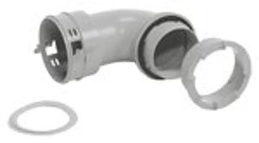Grauer Anschlussadapter mit 90-Grad-Biegung, geeignet für den Anschluss eines flexiblen Luftschlauches, hergestellt von Vaillant.